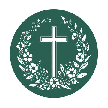 Circular emblem features a white cross surrounded by a floral wreath against a green background