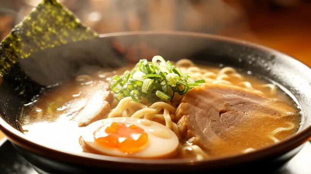 Close-up of a steaming bowl of Japanese ramen with sliced chashu pork, soft-boiled egg, fresh scallions, and nori seaweed in a rich savory broth with warm atmospheric lighting.