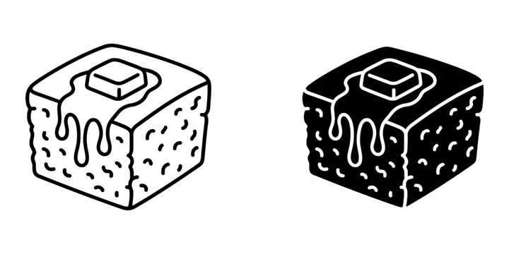 A single piece of delicious cornbread with melted butter is elegantly rendered in a clean, isolated vector illustration featuring outline and solid black icon styles.