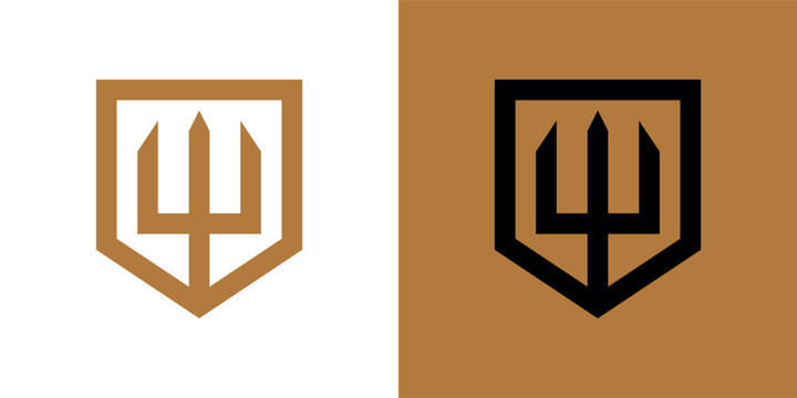 Minimalist logo of a trident inside a shield, presented in gold and black color schemes.