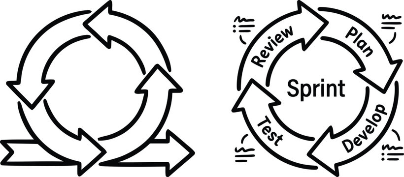 Hand drawn agile sprint cycle diagrams displaying the plan develop test and review stages in a circular workflow for software development and project management concepts.