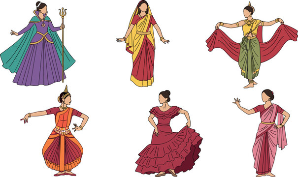 Indian traditional dancers vector set with classical costumes cultural poses and ethnic women dance illustration collection