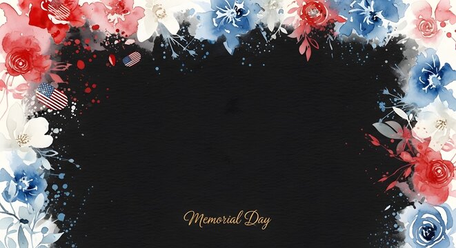 Memorial day watercolor floral frame with red white and blue flowers