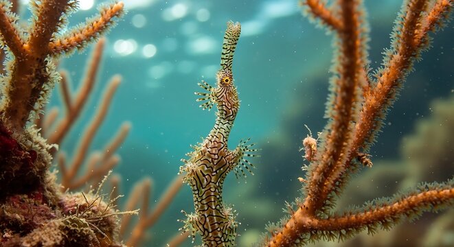Underwater scene depicting a delicate pipefish amongst coral and aquatic life