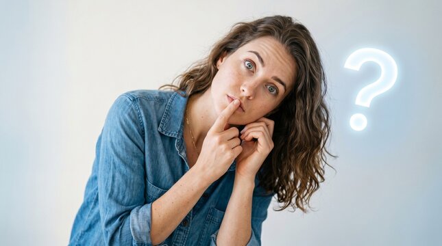 Woman leaning forward with finger on lips, head tilted, floating question mark made of light beside her, inquisitive eyes.