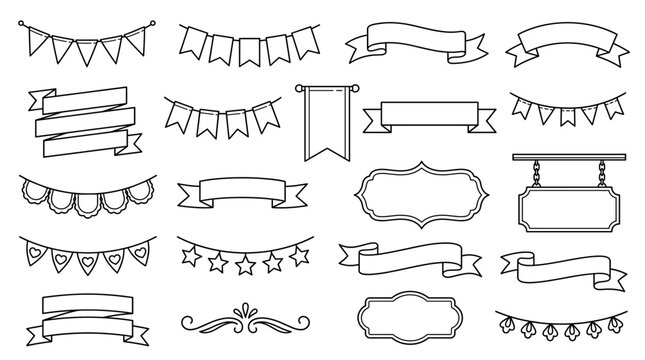 Black and white banner ribbon vector set with flags, bunting, scrolls, labels, frames and decorative party header outlines