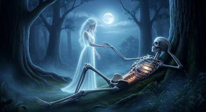 Ghostly woman in white dress reaching out to skeleton in moonlit forest with trees and fog