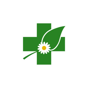 Green plus sign design with daisy and leaf in white and yellow colors on a white background