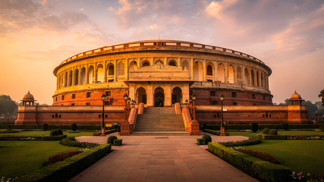 Indian Parliament House Golden Hour Dramatic Sky
