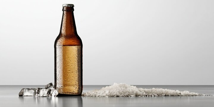 Chilled beer bottle with condensation and ice