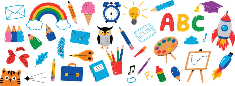 Education felt pen hand drawn vector illustrations set of child drawings and doodles, playful sketch-style elements featuring school items, symbols, and creative scribbles, ideal for kids&rsquo; learning