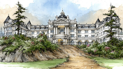 Obraz premium Elegant building with classical architecture and lush landscaping