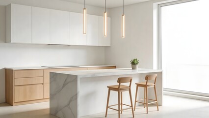Fototapeta premium Modern kitchen interior with island and stools