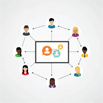 Diverse group of people connected to a central network hub.