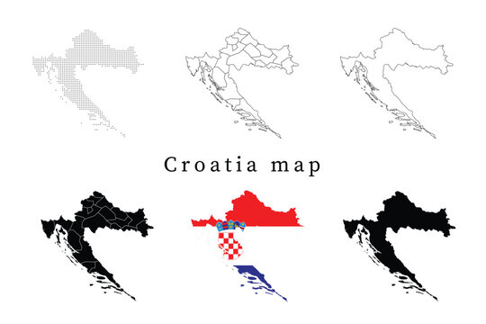 Set of Croatia map silhouettes featuring administrative divisions, dotted patterns, line art outlines, and the national flag version.