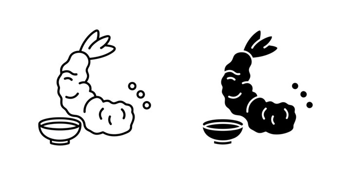 Tempura shrimp with dipping sauce vector icon pack containing outline and black silhouette versions for japanese snacks menu deep fried seafood appetizers asian kitchen design and restaurant branding.