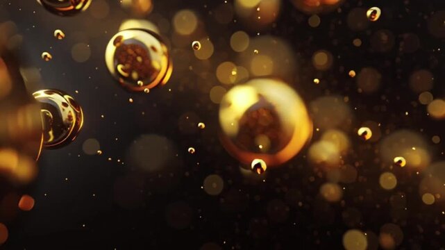 Macro photography of golden oil bubbles floating in dark liquid, creating a mesmerizing and abstract visual effect