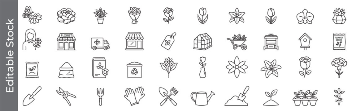 Flower gardening, floriculture and flower shop icon set &ndash; editable outline symbols of flowers, plants, tools, greenhouse and gardening supplies