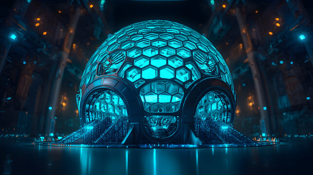 Struktur sarang lebah futuristik yang memancarkan cahaya biru dan hijau.