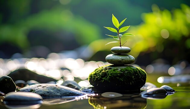 A serene natural setting with a balanced stack of stones and a small plant
