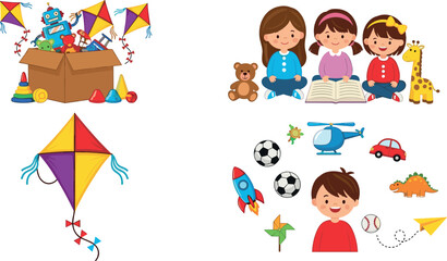 Obraz premium Kids toys and learning activities set with kites books stuffed animals and games cartoon vector illustration collection