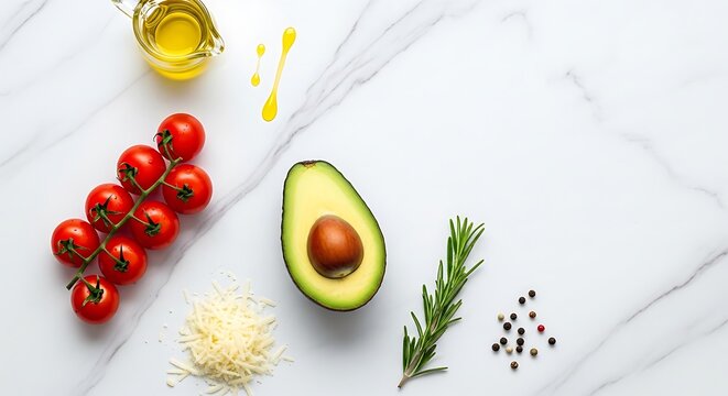 Healthy cooking ingredients with avocado tomatoes and olive oil on marble background