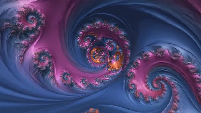Abstract fractal spiral featuring vibrant swirls of deep blue, magenta, and bright orange with intricate mathematical patterns and glowing highlights resembling a celestial nebula.