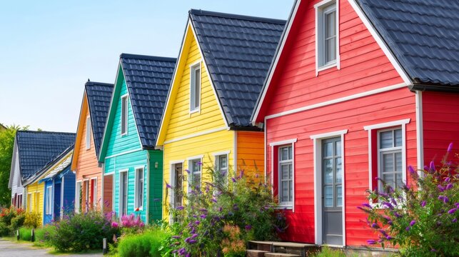 Colorful gabled houses lining up creating a vibrant neighborhood