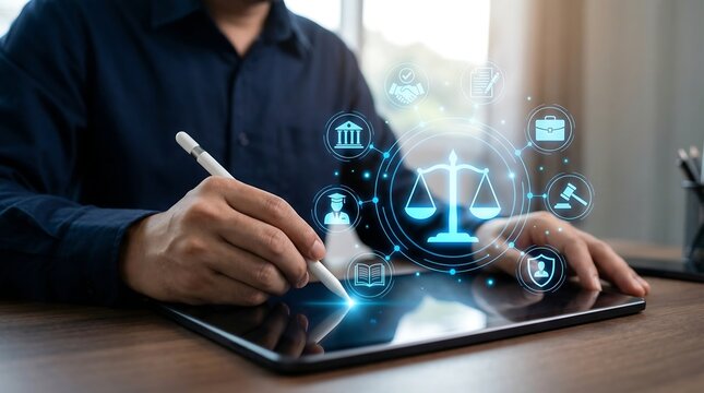 Legal professional using digital stylus on tablet to sign contract and manage documents with holographic legal icons for corporate law firm and secure digital case management