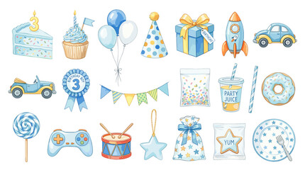 Fototapeta premium Cute birthday party vector icon set with cake, cupcake, balloons, party hat, gift, rocket, toy car, bunting, lollipop and celebration decor