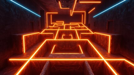 Fototapeta premium Futuristic corridor glows with vibrant orange, blue neon lines. Dark stone walls create dramatic perspective, intense lighting.