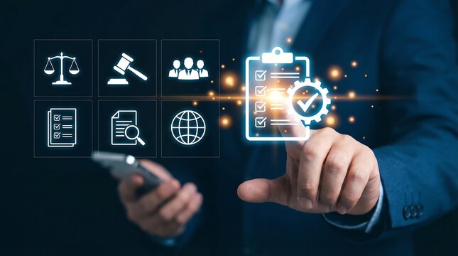 Business professional using mobile device with digital compliance and legal regulation icons for document verification and quality management in corporate governance framework