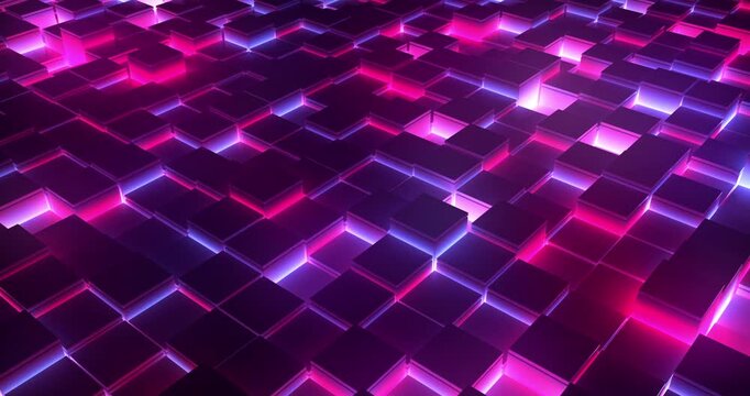 Futuristic grid of glowing cubes in pink and blue light creates a vibrant digital abstract background.