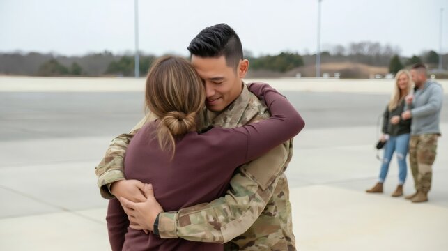 Soldier embracing girlfriend during emotional military homecoming reunion