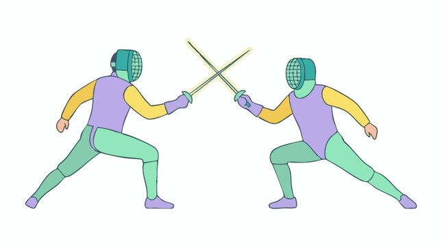 Stylized illustration of two fencers in action, swords crossed