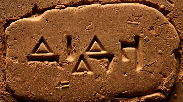 Ancient clay tablet displays cuneiform script. Symbols etched into surface suggest historical record or message. Brown texture dominates image.