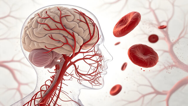 3D anatomy illustration of the human brain and blood circulation