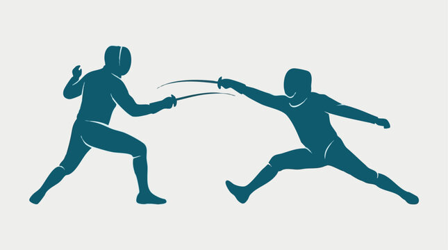 Dynamic fencing match with two abstract fencer silhouettes illustration