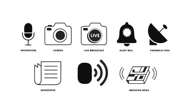 Media broadcasting and breaking news alert icons for journalism, live reporting, and press coverage.
Professional camera, live stream, and notification bell symbols for digital news and information up