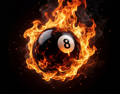 Burning 8 ball on fire with dramatic smoke and black background