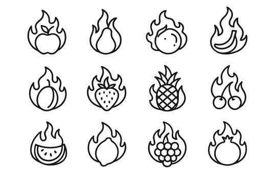 Fire-Infused Fruit Icons. Fruits forged from fire. Line outline icon set of Fruits forged from fire: flame