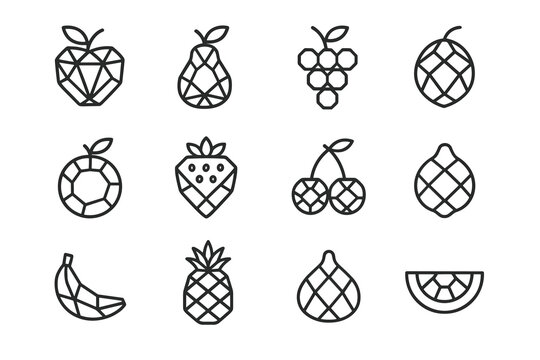 Gemstone Fruit Icons. Gemstone fruits. Line outline icon set of Gemstone fruits: ruby apple, sapphire pear,