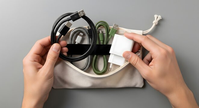A person's hands carefully organize an assortment of modern electronic cables and chargers into a small, convenient travel pouch on a neutral background.
