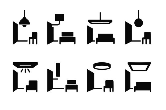 Floating Lighting Icons. Floating lighting in minimalist rooms. Filled icon set of floating lighting in