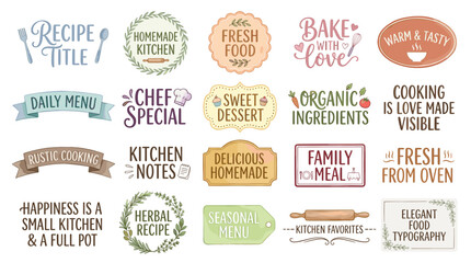 Obraz premium Retro kitchen label vector set with recipe titles, homemade food badges, bakery signs, menu text, cooking quotes and vintage culinary typography