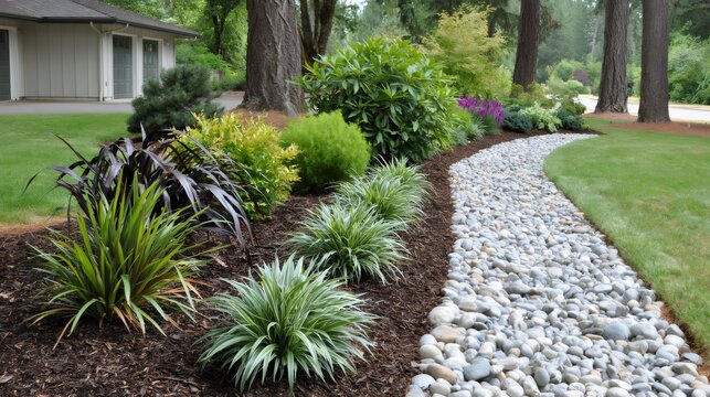 Residential rain garden with rock bed and lush plants