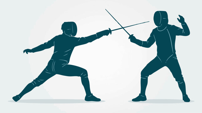 Two fencers engaged in a dynamic sword fight, vector illustration