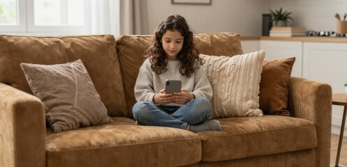 Obraz premium Relaxed Teenage Girl Engrossed in Mobile Phone Usage on Comfortable Sofa Reflecting Modern Casual Lifestyle