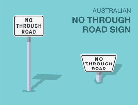 Traffic regulation rules. Isolated australian "no through road" road sign. Front and top view. Flat vector illustration template.