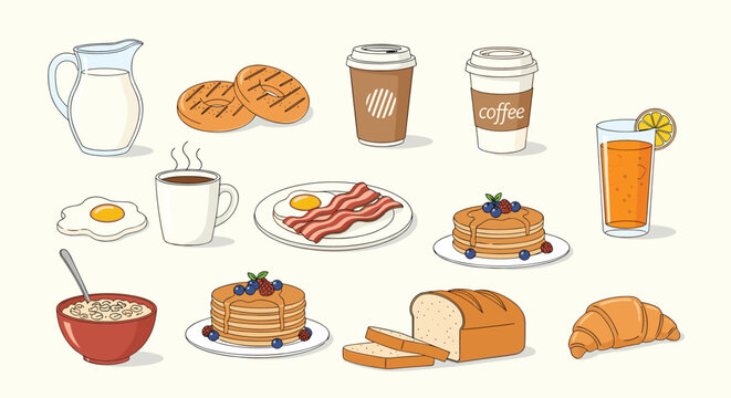 Diverse breakfast food collection featuring eggs, bacon, pancakes, coffee, toast, juice, cereal, and pastries in a simple style.